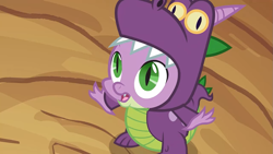 Size: 1067x600 | Tagged: safe, derpibooru import, screencap, spike, dragon, luna eclipsed, clothes, costume, dragon costume, dragonception, solo