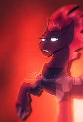 Size: 1194x1753 | Tagged: safe, artist:adahams, derpibooru import, tempest shadow, pony, unicorn, my little pony: the movie, broken horn, female, mare, open mouth, scene interpretation, signature, singing, solo