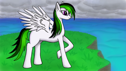 Size: 2560x1440 | Tagged: safe, derpibooru import, oc, pegasus, pony, cloud, cloudy, female, grass, mare, missing cutie mark, side view, solo, thinking, water, white, wings