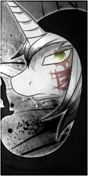 Size: 200x400 | Tagged: artist needed, safe, derpibooru import, oc, oc:yiazmat, unicorn, black and white, grayscale, looking at you, male, monochrome, scar, solo