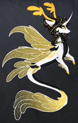 Size: 1914x3000 | Tagged: safe, artist:australian-senior, derpibooru import, oc, oc only, oc:niomedes invictus, alicorn, dracony, hybrid, kirin, merpony, pony, seapony (g4), alternate universe, antlers, colored hooves, colored sclera, curved horn, female, glados, golden eyes, gray background, hair bun, kirindos, mare, portal (valve), seaponified, simple background, solo, species swap