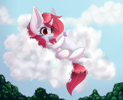 Size: 1280x1040 | Tagged: safe, artist:pinkxei, oc, oc only, oc:anemone, alicorn, butterfly, pony, cloud, colored pupils, ear fluff, female, mare, pacifier, solo