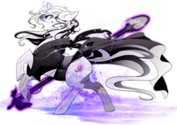 Size: 600x424 | Tagged: safe, artist:dormin-dim, derpibooru import, oc, oc only, oc:yiazmat, unicorn, black and white, grayscale, magic, male, monochrome, scar, simple background, solo, transparent background, weapon