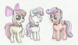 Size: 2036x1187 | Tagged: safe, artist:sakaerion, apple bloom, scootaloo, sweetie belle, pony, cutie mark crusaders, traditional art