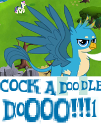 Size: 276x339 | Tagged: safe, artist:horsesplease, derpibooru import, bon bon, gallus, sweetie drops, griffon, school daze, behaving like a rooster, caption, cock-a-doodle-doo, crowing, expand dong, exploitable meme, flanderization, gallus the rooster, gameloft, image macro, meme, namesake, pun, silly griffon