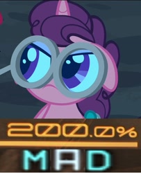 Size: 975x1199 | Tagged: safe, edit, edited screencap, screencap, sugar belle, pony, unicorn, hard to say anything, 200% mad, angry, cropped, female, floppy ears, glasses, magnifying glass, mare, meme, mouth hold, solo, unamused