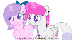 Size: 1024x558 | Tagged: safe, artist:skystar20, derpibooru import, oc, oc only, oc:pink bow, oc:ruby fox, earth pony, pegasus, pony, bow, female, hair bow, mare, simple background, transparent background