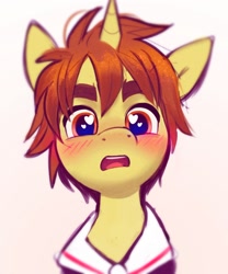 Size: 1170x1409 | Tagged: safe, artist:imalou, derpibooru import, pony, unicorn, blushing, bust, cardcaptor sakura, clothes, floppy ears, gradient background, heart eyes, male, open mouth, ponified, portrait, shirt, solo, stallion, syaoran li, wingding eyes