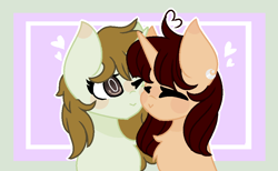 Size: 944x581 | Tagged: safe, artist:moon-rose-rosie, derpibooru import, oc, oc only, earth pony, pony, unicorn, base used, female, mare, nuzzling, oc x oc, shipping