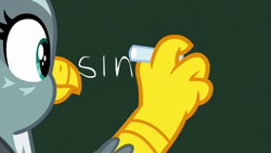 Size: 1280x720 | Tagged: safe, derpibooru import, screencap, gabby, griffon, chalk, chalkboard, out of context, reaction image, sin, solo