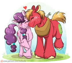 Size: 1024x892 | Tagged: safe, artist:inuhoshi-to-darkpen, big macintosh, sugar belle, earth pony, pony, unicorn, hard to say anything, blushing, cute, eyes closed, female, heart, male, nuzzling, one eye closed, raised hoof, shipping, straight, sugarmac, unshorn fetlocks