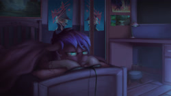 Size: 3840x2160 | Tagged: safe, artist:starblaze25, oc, oc only, oc:playthrough, pony, bed, bedroom, commission, gaming, glasses, male, mirror, night, poster, room, sleepy, solo, stallion, video game