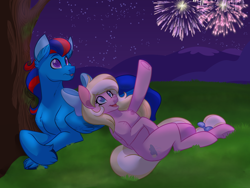 Size: 1600x1200 | Tagged: safe, artist:itstaylor-made, derpibooru import, oc, oc only, oc:andrew swiftwing, oc:bay breeze, pegasus, pony, bow, couple, duo, fireworks, grass, hair bow, looking up, lying down, night, open mouth, pointing, smiling, swiftbreeze, tail bow, tree, wings