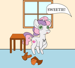 Size: 1262x1153 | Tagged: safe, artist:planetkiller, sweetie belle, pony, unicorn, chest fluff, implied rarity, offscreen character, shrunken pupils, table, vase