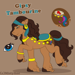 Size: 900x900 | Tagged: safe, artist:mistyline, derpibooru import, oc, oc only, oc:gipsy tamborine, earth pony, pony, brown background, eyes closed, female, mare, raised hoof, simple background, solo, unshorn fetlocks