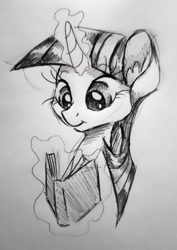 Size: 1615x2280 | Tagged: safe, artist:smirk, derpibooru import, twilight sparkle, pony, book, bust, female, magic, mare, monochrome, smiling, solo, telekinesis, traditional art