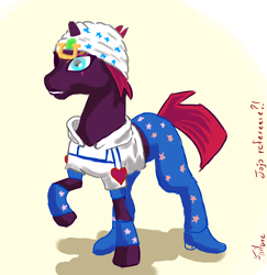 Size: 1442x1483 | Tagged: artist needed, safe, derpibooru import, tempest shadow, unicorn, my little pony: the movie, /mlp/, broken horn, clothes, cosplay, costume, drawthread, eye scar, female, johnny joestar, jojo's bizarre adventure, mare, raised hoof, request, scar, simple background, steel ball run, yellow background