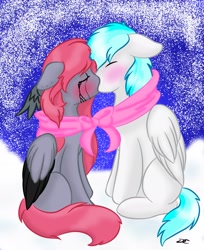 Size: 1675x2048 | Tagged: safe, artist:winter night, derpibooru import, oc, oc only, oc:frostyee, oc:skarlet, pegasus, pony, base used, blushing, clothes, floppy ears, kissing, male, oc x oc, scarf, shared clothing, shared scarf, shipping, sitting, stallion