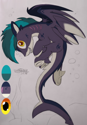 Size: 1684x2413 | Tagged: safe, artist:airfly-pony, derpibooru import, oc, oc:shark bite, original species, shark, shark pony, elepatrium, ember eyes, golden eyes, kalharia, kalharia's wings, looking at you, rcf community, reference, reference sheet, shark tail, shark teeth, smiling, solo, universe elepatrium, wings