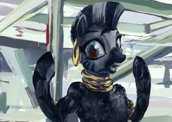 Size: 2339x1653 | Tagged: safe, artist:explonova, derpibooru import, zecora, pony, zebra, bipedal, childish gambino, ear piercing, earring, female, jewelry, piercing, ponified, solo, this is america