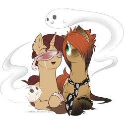 Size: 1024x1024 | Tagged: safe, artist:jadekettu, oc, oc only, oc:chocolate heart, oc:spectra, ghost, pony, bandage, blindfold, couple, duo, necktie, simple background, transparent background