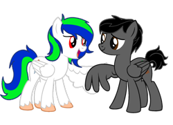 Size: 1024x740 | Tagged: safe, artist:fireblade804, derpibooru import, oc, oc only, oc:fireblade, oc:forest flowstone, pegasus, pony, best friend, duo, friends, friendship, male, request, simple background, smiling, stallion, transparent background, wing hands, wing shake