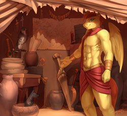 Size: 5284x4791 | Tagged: safe, artist:audrarius, derpibooru import, oc, oc only, oc:sirocco breeze, anthro, bird, pegasus, abs, absurd resolution, ankh, anubis, bow (weapon), bowl, bracelet, bracer, clothes, commission, dagger, digital art, ear piercing, earring, egyptian, egyptian pony, falcon, headband, jewelry, khopesh, loincloth, looking at you, male, map, merchant, muscles, necklace, partial nudity, peregrine falcon, piercing, pottery, shopkeeper, showing, solo, stallion, statue, statuette, sword, tent, topless, vase, wall of tags, weapon, wings
