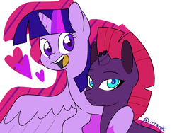 Size: 1600x1200 | Tagged: safe, artist:1racat, derpibooru import, fizzlepop berrytwist, tempest shadow, twilight sparkle, twilight sparkle (alicorn), alicorn, broken horn, female, heart, lesbian, mare, shipping, simple background, tempestlight