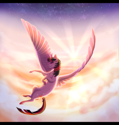 Size: 2000x2100 | Tagged: safe, artist:sparrowflightart, twilight sparkle, twilight sparkle (alicorn), alicorn, pony, backlighting, cloud, crepuscular rays, flying, grin, smiling, solo, stars, sun