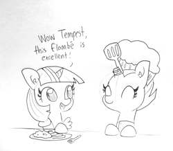 Size: 1651x1440 | Tagged: safe, artist:tjpones, derpibooru import, fizzlepop berrytwist, tempest shadow, twilight sparkle, twilight sparkle (alicorn), alicorn, pony, unicorn, black and white, broken horn, chef's hat, dialogue, duo, ear fluff, eye scar, eyes closed, female, grayscale, hat, lineart, mare, monochrome, scar, spatula, tempest gets her horn back, traditional art