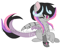 Size: 513x398 | Tagged: safe, artist:ipandadopts, derpibooru import, oc, oc only, hybrid, base used, bracelet, chest fluff, female, horns, interspecies offspring, jewelry, offspring, one eye closed, parent:discord, parent:twilight sparkle, parents:discolight, simple background, solo, transparent background, unnamed oc, watermark, wink