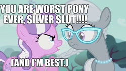 Size: 1280x720 | Tagged: safe, derpibooru import, edit, edited screencap, screencap, diamond tiara, silver spoon, abuse, background pony strikes again, best pony, dialogue, downvote bait, excessive exclamation marks, female, hair pulling, image macro, meme, op is a cuck, op is trying to start shit, silverbuse, slut, spoonabuse, vulgar, worst pony