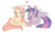 Size: 1898x1172 | Tagged: safe, artist:witchette, derpibooru import, fluttershy, twilight sparkle, twilight sparkle (alicorn), alicorn, pegasus, pony, blushing, duo, female, heart, holding hooves, lesbian, looking at each other, mare, prone, shipping, simple background, smiling, twishy