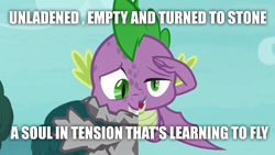 Size: 1920x1080 | Tagged: safe, derpibooru import, edit, edited screencap, screencap, spike, dragon, molt down, flying, learning to fly, looking at you, lyrics, meme, pink floyd, salute, song reference, stone, text, turned to stone, winged spike, wings