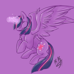 Size: 700x700 | Tagged: safe, artist:kuroryushin, derpibooru import, twilight sparkle, twilight sparkle (alicorn), alicorn, pony, cutie mark, eyes closed, female, glowing horn, mare, pink background, simple background, solo, spread wings, wings