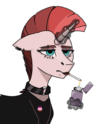 Size: 877x1113 | Tagged: safe, derpibooru import, oc, oc:scarlet rebel, unicorn, bored, cigarette, collar, edgy, female, lesbian pride flag, lighter, lipstick, magic, mare, mohawk, pride, pride flag, punk, vulgar