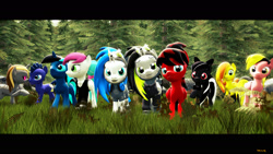 Size: 1920x1080 | Tagged: safe, artist:skilm, oc, oc only, oc:devil dash, oc:flogau, oc:ravymctaylor, oc:rose shine, oc:skiski, pony, 3d, forest, group, source filmmaker, wolf suit