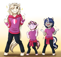 Size: 1057x995 | Tagged: safe, artist:miamaha, derpibooru import, oc, oc only, oc:skychaser, anthro, unguligrade anthro, anthro oc, clothes, dancing, female, filly, hair over one eye, male, offspring, parent:dumbbell, parent:lightning dust, parents:lightningbell, simple background, smiling, starry eyes, story in the source, wingding eyes