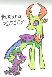 Size: 623x921 | Tagged: safe, artist:cmara, spike, thorax, changedling, changeling, dragon, king thorax, traditional art