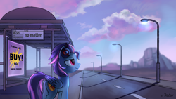 Size: 1920x1080 | Tagged: safe, artist:jedayskayvoker, derpibooru import, oc, oc only, oc:lost, pegasus, pony, bus station, commission, headphones, lamppost, road, solo, ych result