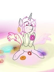 Size: 1536x2048 | Tagged: safe, artist:alltheworldbronyf, derpibooru import, oc, oc only, oc:frisky gray, unicorn, donut, food, one eye closed, simple background, smiling, solo, transparent background