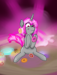 Size: 1536x2048 | Tagged: safe, artist:alltheworldbronyf, derpibooru import, oc, oc:frisky gray, unicorn, colored, donut, food, one eye closed, smiling, solo