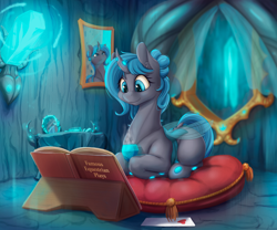 Size: 2452x2040 | Tagged: safe, artist:alcor, derpibooru import, oc, oc only, oc:queen polistae, changeling, changeling queen, blue changeling, book, bust, changeling queen oc, commission, cup, curved horn, cuteling, digital art, female, ponyloaf, portrait, reading, solo, window