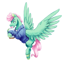 Size: 1200x1150 | Tagged: safe, artist:longmuzzlepony, derpibooru import, gentle breeze, pegasus, pony, bottle, clothes, facial hair, flying, male, simple background, solo, spread wings, stallion, sweater, transparent background, wings