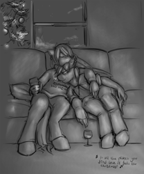 Size: 1280x1536 | Tagged: safe, artist:krd, oc, oc only, oc:clipped wings, oc:tight fit, anthro, earth pony, pegasus, 2015, christmas, couple, cuddling, duo, female, holiday, male, monochrome, piercing, sofa