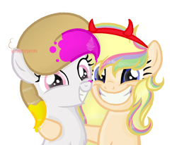 Size: 996x819 | Tagged: safe, artist:flowerstuffyay, derpibooru import, oc, oc:melody scribble, oc:spring splat, earth pony, pegasus, pony, base used, devil horns, female, filly, grin, headband, side hug, simple background, smiling, transparent background