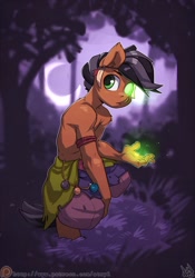 Size: 748x1069 | Tagged: safe, artist:atryl, derpibooru import, oc, anthro, earth pony, commission, glowing hands, jungle, magic, moon, patreon, patreon logo