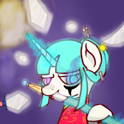 Size: 2048x2048 | Tagged: safe, derpibooru import, oc, oc only, pony, unicorn, banquet, glowing horn, levitation, magic, mouth hold, purple background, simple background, solo, soul, sword, telekinesis, weapon