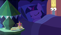 Size: 760x438 | Tagged: safe, edit, edited screencap, screencap, twilight sparkle, twilight sparkle (alicorn), alicorn, equestria girls, equestria girls (movie), bed, big crown thingy, crown, double king, jewelry, regalia, sleeping, this will end in tears and/or death, youtube link