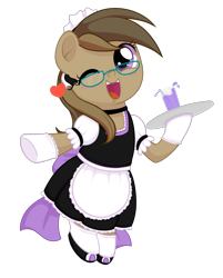 Size: 1602x1992 | Tagged: safe, artist:musicfirewind, derpibooru import, oc, oc only, oc:dawnsong, earth pony, pony, bipedal, blushing, clothes, collar, cute, drink, female, glasses, heart, maid, mare, ocbetes, one eye closed, shoes, simple background, solo, transparent background, wink, ych result